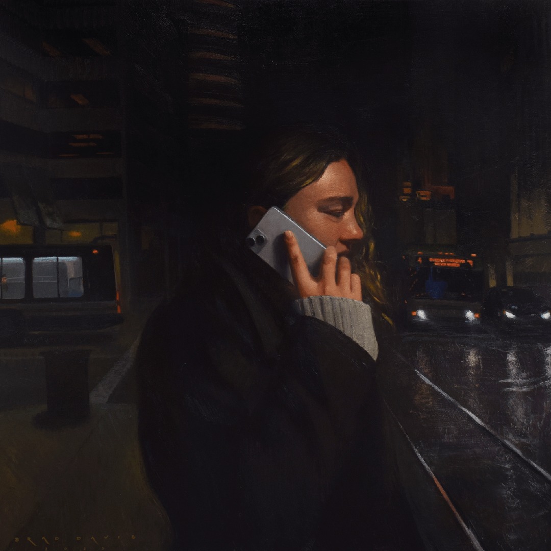 Nighttime encounters. Brad Davis's "Business District" captures urban solitude in meticulous oil on panel, 36 × 36 in. Part of upcoming "End of an Era" exhibition.

Tap our bio link to join the early access list.