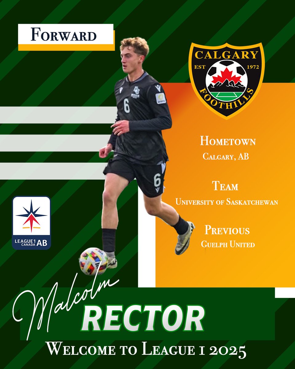 Welcome midfielder Malcolm Rektor! ⚽

A Calgary native with experience at SAIT &amp; U of Saskatchewan, Malcolm brings structure, depth &amp; football IQ to our midfield.

Big things ahead in League1 Alberta! 💚

#WeAreFoothills #League1Alberta #PlayerAnnouncement