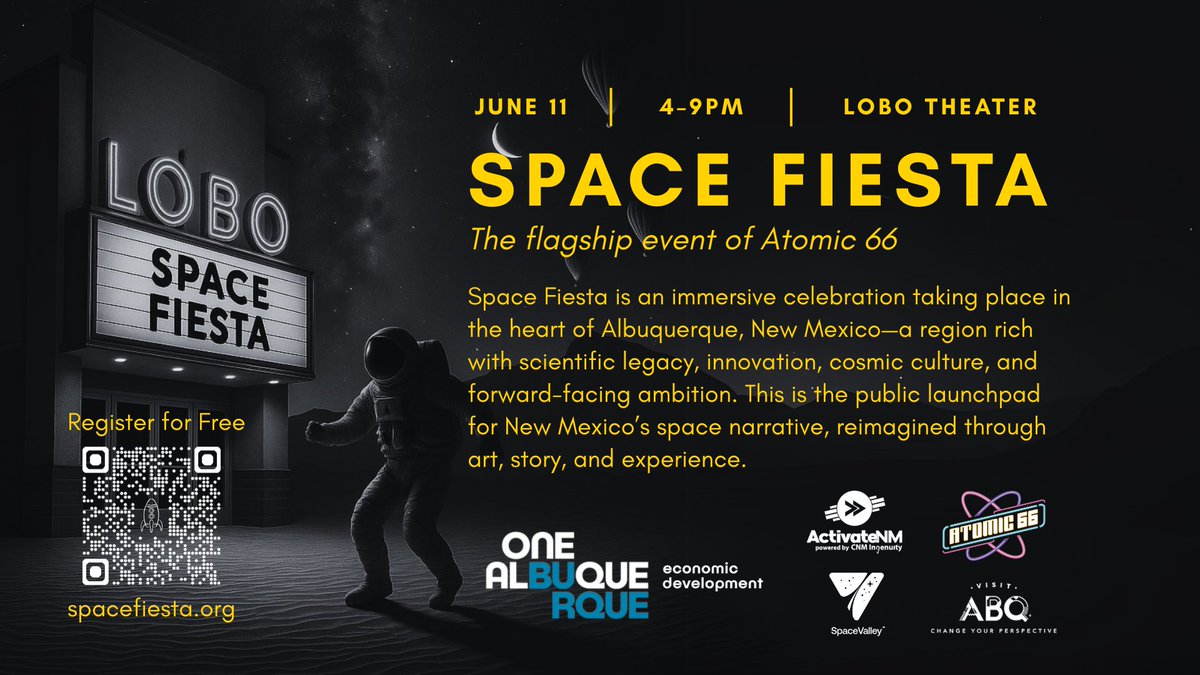 It’s official — Space Fiesta is back on June 11 at the Lobo Theater in Nob Hill!
Presented by CNM Ingenuity, Space Valley, and the City of Albuquerque Economic Development Department—special thanks to Visit Albuquerque

Learn more: spacefiesta.org