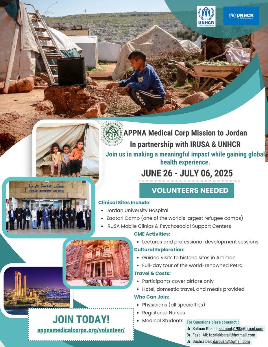 Calling All Healthcare Heroes!
 **Volunteer Deadline: June 1, 2025**
Ready to make a global impact? Sign up here:
appnamedicalcorps.org/volunteer/]
Let’s continue APPNA’s legacy of service—healing across borders. 
#APPNAMedicalCorps #GlobalHealth #MedicalMission #Jordan2025