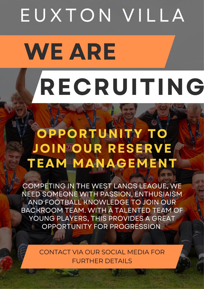 Great opportunity to work with an experienced manager, some excellent players looking to progress, and on one of the best facilities in the North West. 

Contact us for more details!

🧡🖤