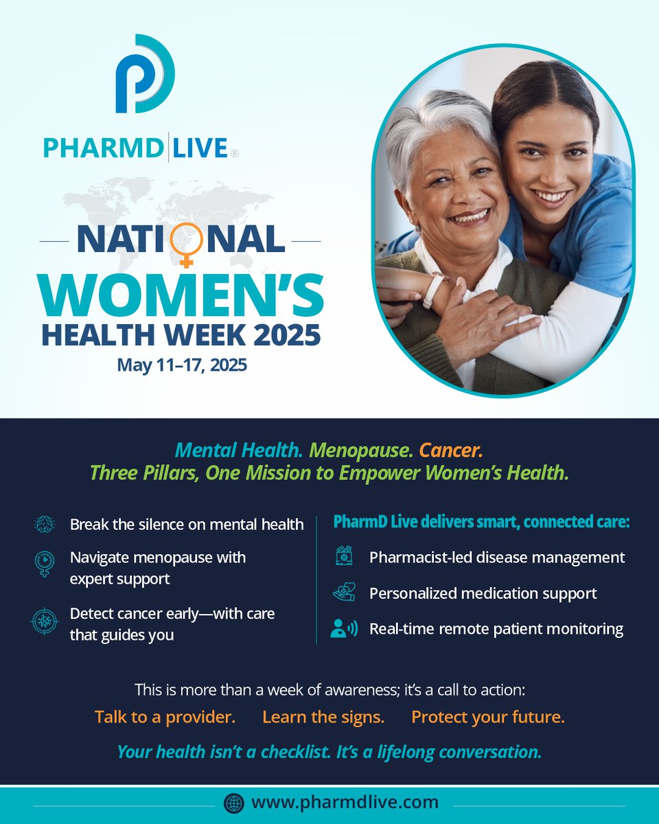 ccnwaubani's tweet photo. National Women’s Health Week 2025
Your health isn’t a checklist; it’s a conversation!

PharmD Live delivers smarter, whole-person care for women’s mental health, menopause, and cancer risks.
Because your health powers everything
#WomensHealthWeek #ElevateHerHealth #WomensWellness https://t.co/4KGAuVrXkk