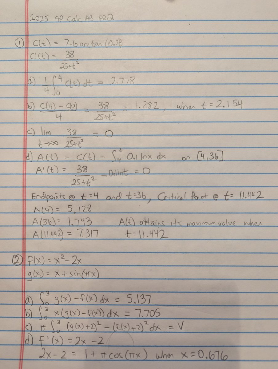 Youmshakian's tweet photo. Here are my quick solutions (did not check my work) to the 2025 AP Calculus AB FRQs https://t.co/2WTkU9VRzw