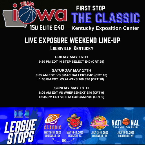 Team Iowa Basketball (@team_iowa) on Twitter photo HUGE weekend for your highschool girls teams as they travel to Louisville, Kentucky Friday to compete in The Classic! Here are their schedules! <a href="/Elite40League/">Elite 40 League</a> HUGE weekend for your highschool girls teams as they travel to Louisville, Kentucky Friday to compete in The Classic! Here are their schedules! <a href="/Elite40League/">Elite 40 League</a>