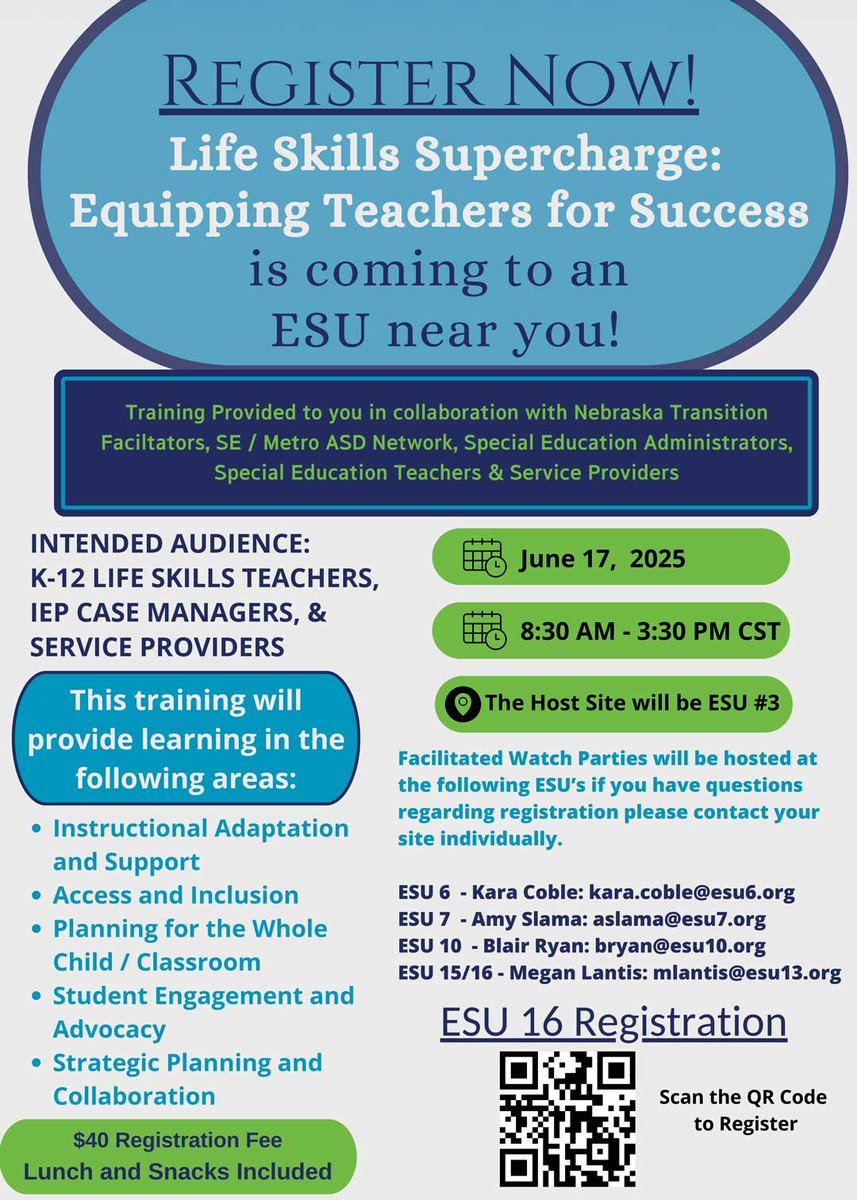 ⏳ Time’s running out!
🚨 Life Skills Supercharge is June 17!
📍 ESU 3 + watch parties at ESU 6, 7, 10, 13, 16
💵 $40 | Lunch included
📲 Scan the QR or register NOW! docs.google.com/forms/d/e/1FAI…