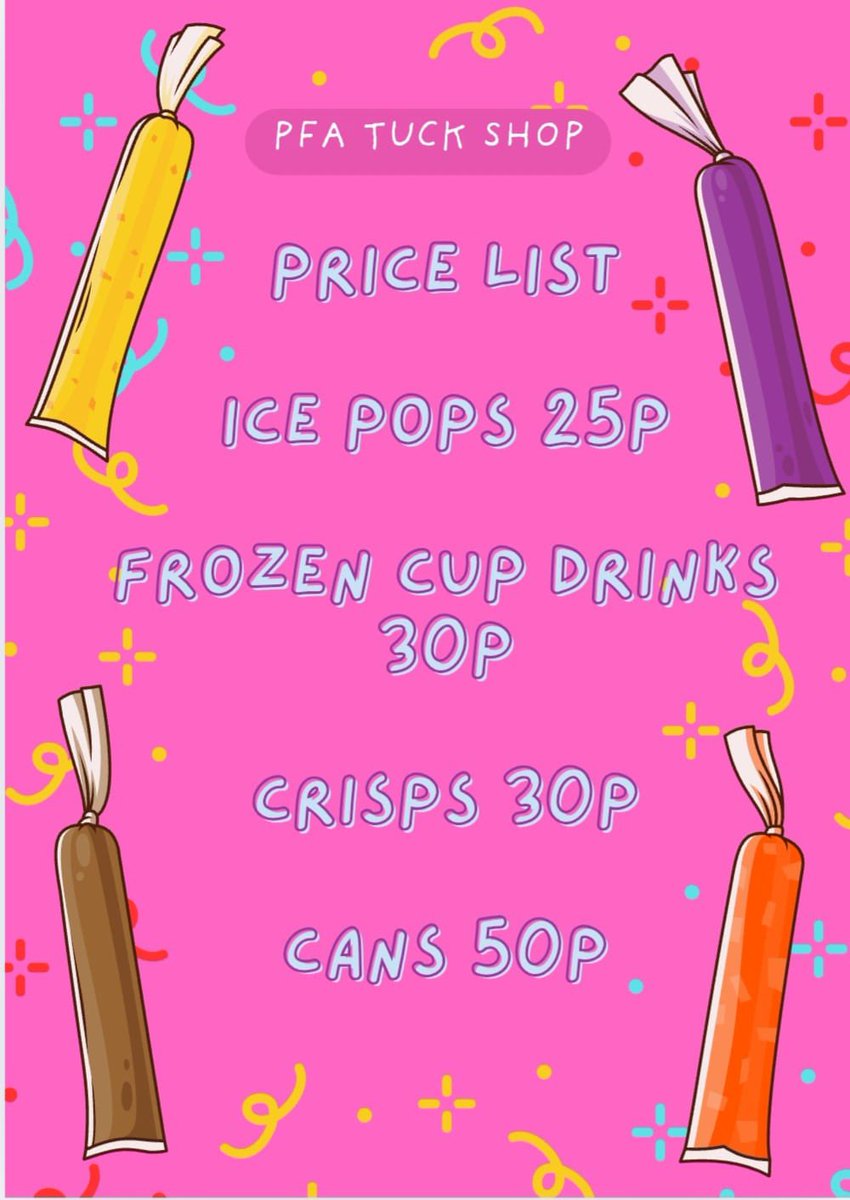 PFA TUCK SHOP IS BACK 💈

😎 Cool off with an Ice Pop this Friday (16th May)!

The PFA Tuck Shop will be set up after school opposite the wooden train, near the staff room.

More dates to come 🤩

CASH preferred—see you there for a sweet treat!