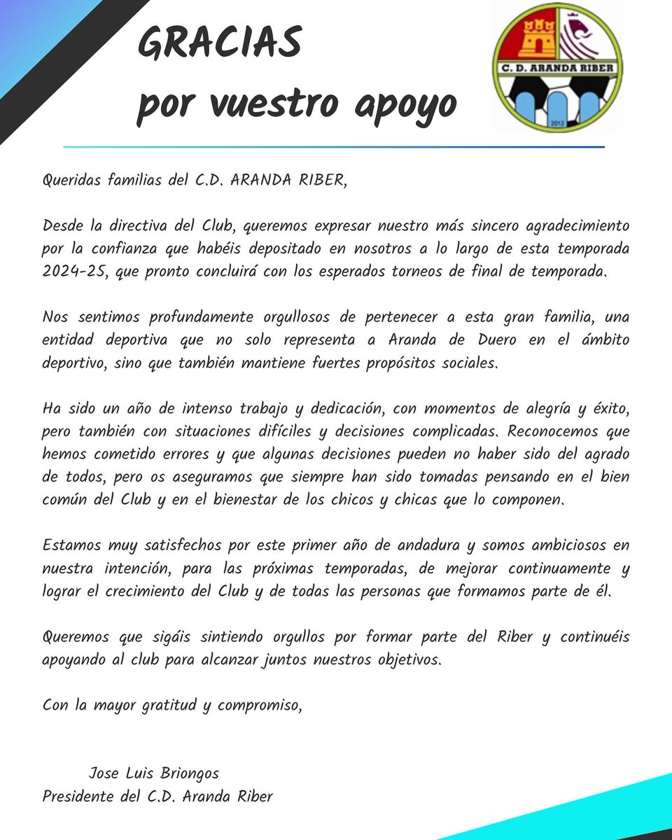 ✉️ AGRADECIMIENTO del PRESIDENTE

Aproximándose ya el final de esta temporada 2024-25, es momento de agradecer el apoyo y la confianza de todas las familias que forman el CD Aranda Riber.

Adjuntamos la carta de nuestro Presi…

#OrgulloRiber #TodosJuntosRiber #AúpaRiber 🩵🖤
