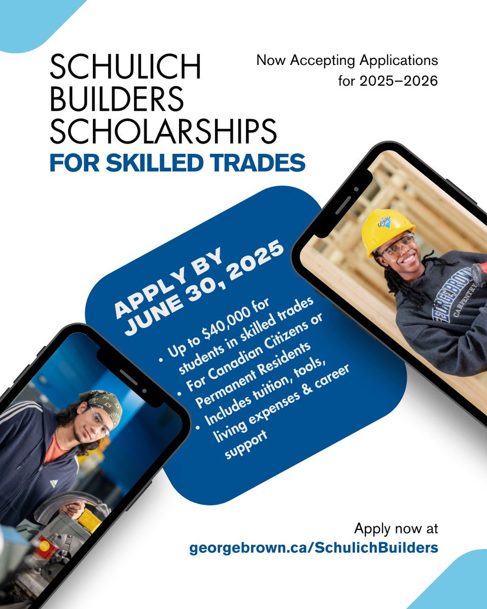 Applications for the 2025–2026 Schulich Builders Scholarships are now open! There are up to $40,000 in support for tuition, tools, and living expenses for students entering full-time skilled trades programs at Ontario colleges including George Brown College!

Deadline: June 30,