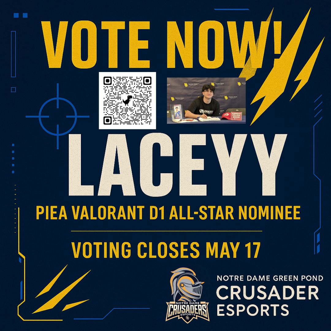 NDGP Esports (@ndgp_esports) on Twitter photo ๐ฅVOTE NOW: Our very own <a href="/laceyygg/">laceyyx</a> is nominated for the PIEA Valorant D1 All-Star Match! Heโs listed as โNotre Dame โ laceyyโ on the ballot (page 3) Letโs get him the spotlight he earned๐ช
๐ณ๏ธ Vote by May 17: bit.ly/4dl5aRp
<a href="/NDGP_Athletics/">Notre Dame Crusaders Athetics</a> <a href="/pieaesports/">PIEA | Interscholastic Esports</a> <a href="/EsportCompanyUS/">The Esport Company</a> ๐ฅVOTE NOW: Our very own <a href="/laceyygg/">laceyyx</a> is nominated for the PIEA Valorant D1 All-Star Match! Heโs listed as โNotre Dame โ laceyyโ on the ballot (page 3) Letโs get him the spotlight he earned๐ช
๐ณ๏ธ Vote by May 17: bit.ly/4dl5aRp
<a href="/NDGP_Athletics/">Notre Dame Crusaders Athetics</a> <a href="/pieaesports/">PIEA | Interscholastic Esports</a> <a href="/EsportCompanyUS/">The Esport Company</a>