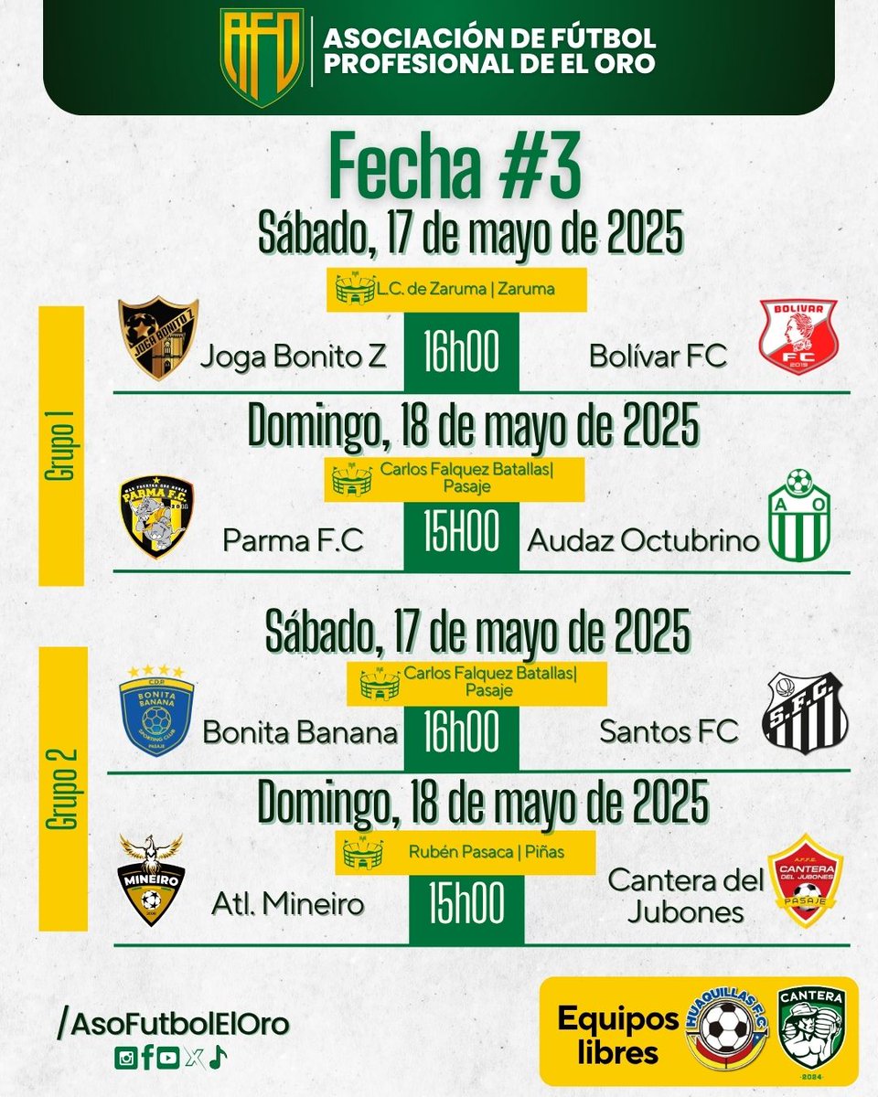 ¡Prepárate para más acción futbolística! Este fin de semana se juega la tercera fecha 🏆🇪🇨. ¡No te pierdas los emocionantes partidos y apoya a tu equipo favorito! 🎉

#AFO