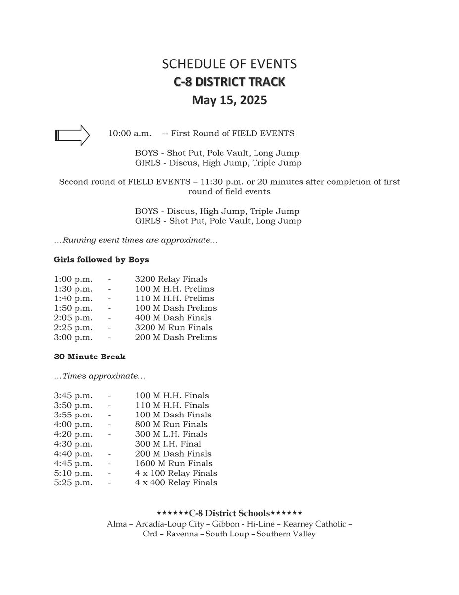 Big day for the Bobcats on Thursday as they head to Kearney Catholic for District Track. Please find the schedule and parking map attached.