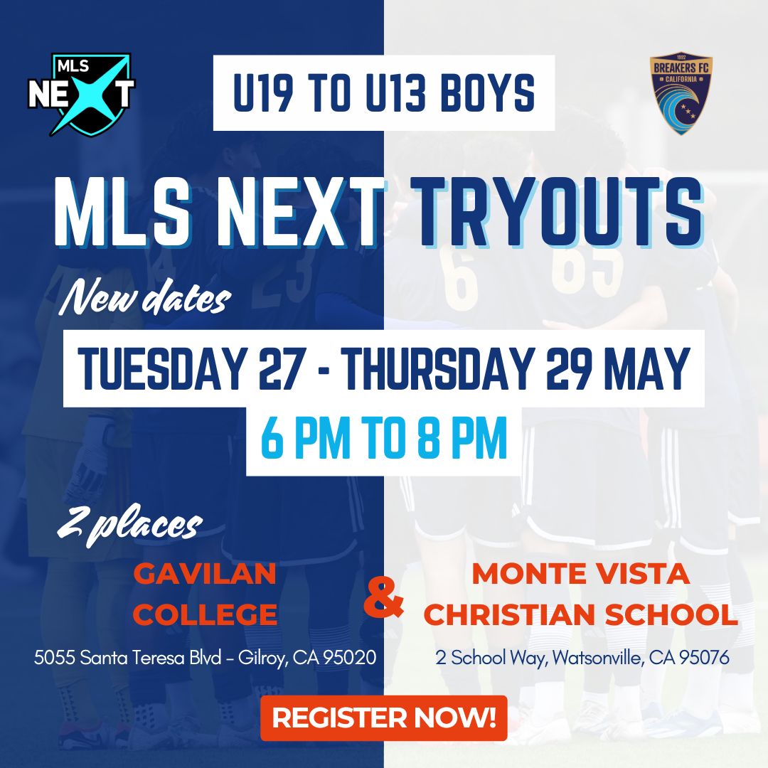 ⚽🇺🇸 READY FOR THE NEXT LEVEL? Breakers FC MLS NEXT TRYOUTS are here!

🔹 U13 to U19
📍 Gavilan College (Gilroy)
🗓️ May 19–22 | 6–8 PM
📍 Gavilan College &amp; Monte Vista Christian

🗓️ May 27–29 | 6–8 PM
⚡ Register now: breakers-fc.com/tryouts/mls-ne… 🔵⚪
🔥 Let’s go Breakers! 🌊