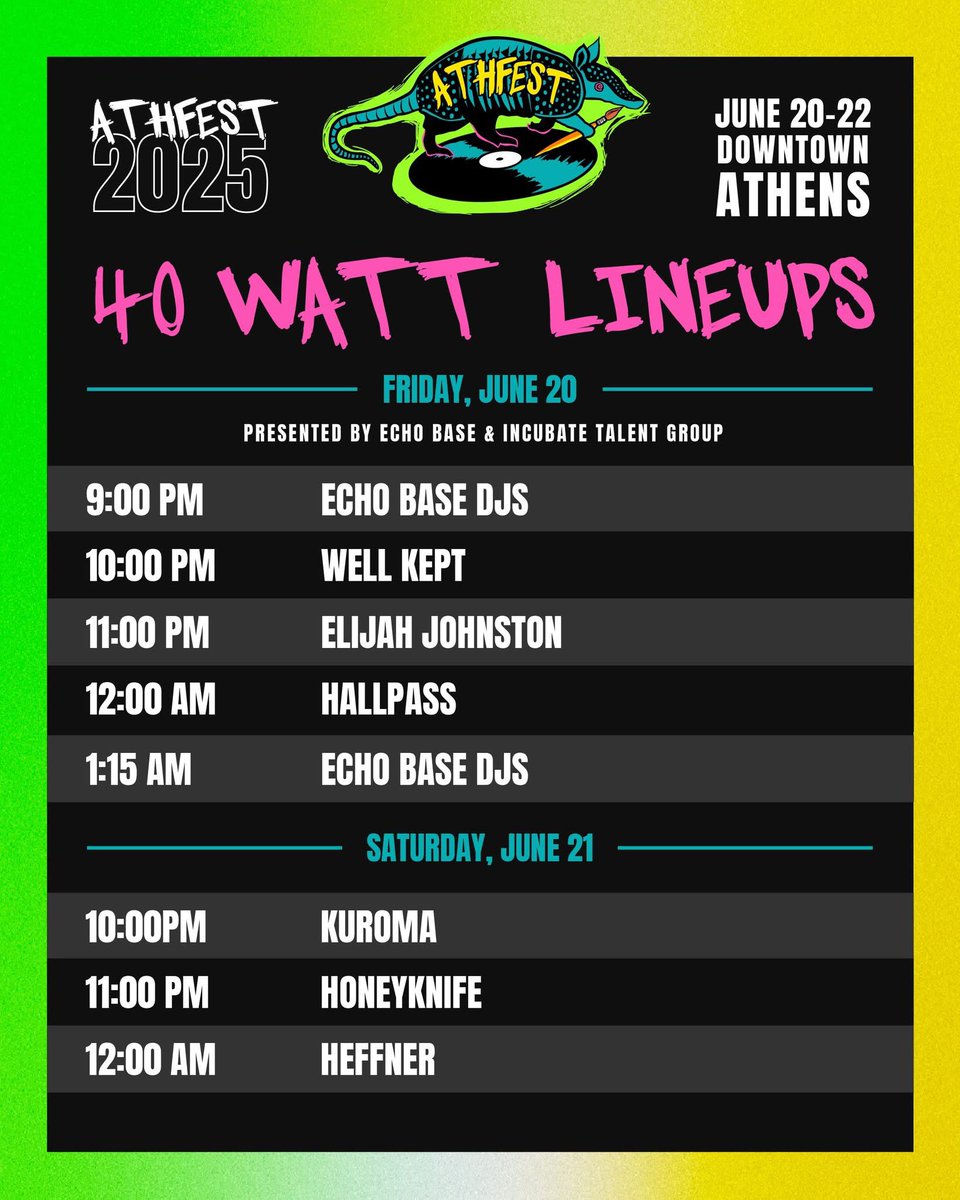 The 40 Watt Club Club Crawl lineup presented by Echo Base &amp; Incubate Talent Group. The Echo Base DJs will start the party on Friday night, where we’ll hear performances from Well Kept, Elijah Johnston, and Hallpass - then on Saturday night, Kuroma, Honeyknife, and Heffner