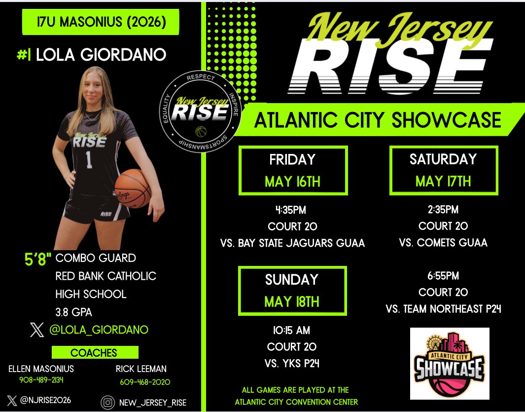 Lola Giordano (@lola_giordano1) on Twitter photo We are looking forward to playing in AC this weekend! Come check us out!! <a href="/newjerseyrise/">New Jersey RISE</a> <a href="/EllenMasonius/">Ellen Clark Masonius</a> <a href="/RickLeeman13/">Rick Leeman</a> <a href="/rbcgirlshoops/">RBC Girls Basketball</a> <a href="/TinyGreenNBS/">Coach Tiny Green</a> We are looking forward to playing in AC this weekend! Come check us out!! <a href="/newjerseyrise/">New Jersey RISE</a> <a href="/EllenMasonius/">Ellen Clark Masonius</a> <a href="/RickLeeman13/">Rick Leeman</a> <a href="/rbcgirlshoops/">RBC Girls Basketball</a> <a href="/TinyGreenNBS/">Coach Tiny Green</a>