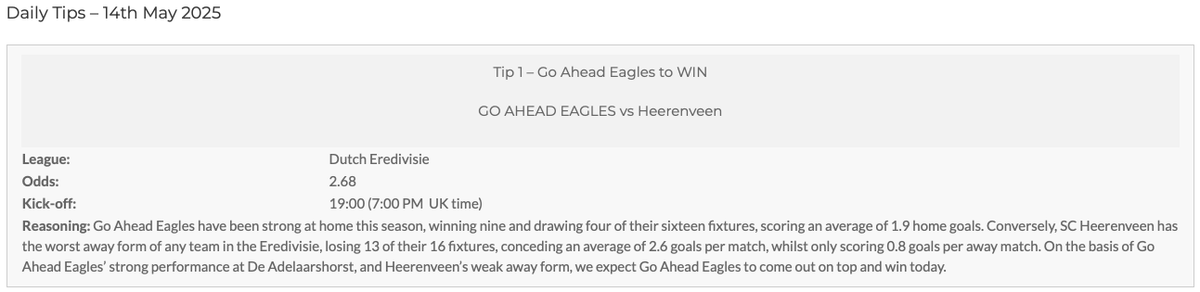 Football_TipsFc's tweet image. Only one tip stood out today -  Go Ahead Eagles to WIN ✅
They left it late, but a 1-0 win over Heerenveen means another winner on the board. That’s what counts. 👊🔥
👉 FootballTipsFC.com
#FootballTips #WinningBets #SoccerTips #Eredivisie #GoAheadEagles #SportsBetting