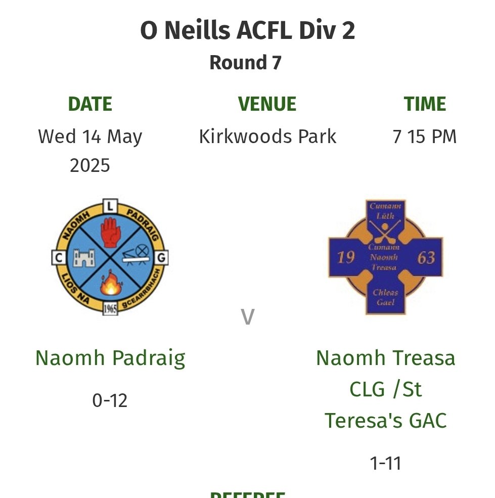 Full Time Result - ACFL Div 2

Naomh Padraig 0.12  - 1.11 Naomh Treasa CLG 

Thank you for the great support once again 👏🟡🔵