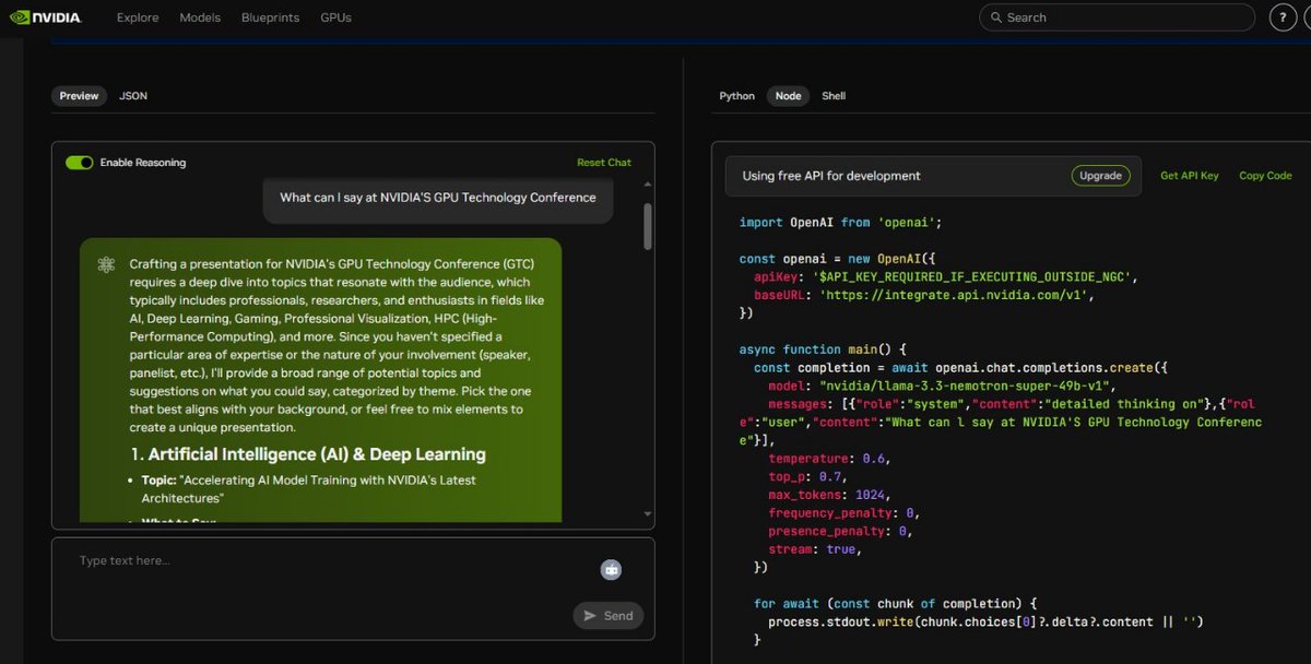 LeahTheVA's tweet image. I built and tested a prompt using NVIDIA NIM’s API Playground with the LLaMA-3 model. It generated a full conference talk outline in seconds. Clean interface, smart output.
@alx_africa #workingsmart #ALX_AiSK @NVIDIAAI
