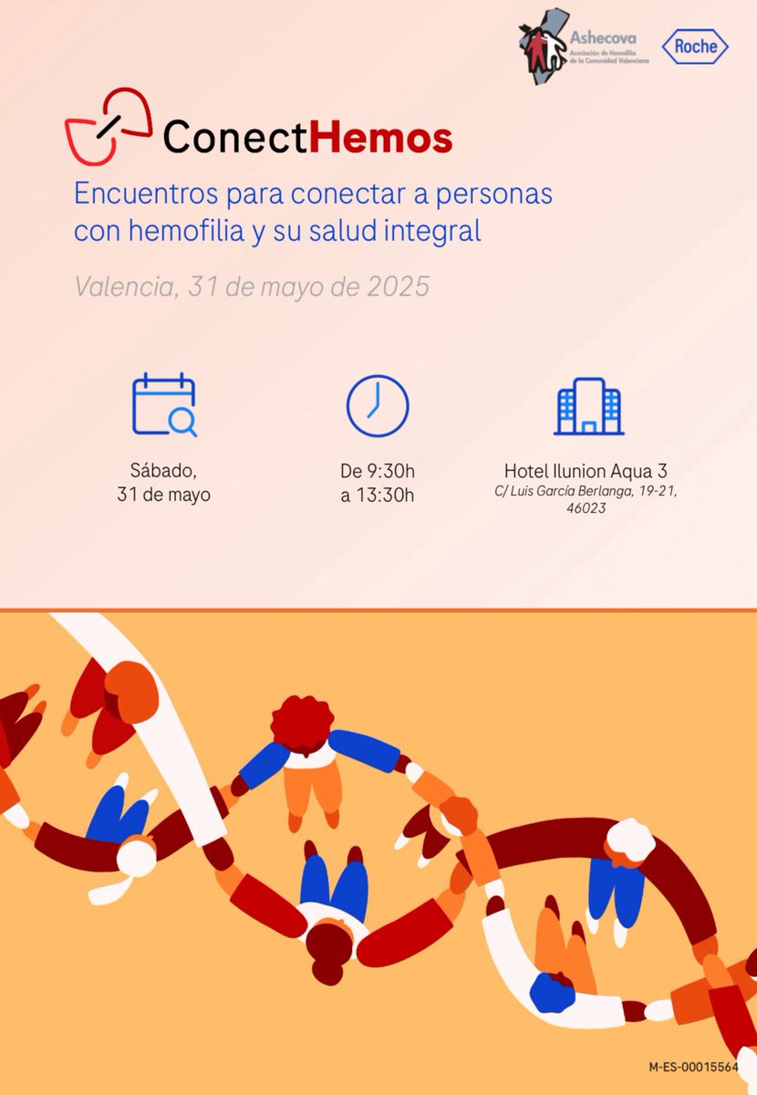 Asociación de Hemofilia de la CV (@ashecova) on Twitter photo <a href="/ASHECOVA/">Asociación de Hemofilia de la CV</a> y <a href="/roche_es/">Roche España</a> tienen el placer de invitarte a participar en:
~ ConectHemos ~
Encuentros para conectar a personas con #hemofilia y su #salud integral
📅 31 de mayo
⏰ 9:30 a 13:30 h
🧭Hotel Ilunion Aqua 3 Calle Luis Garcia Berlanga 19-21 (Valencia) <a href="/ASHECOVA/">Asociación de Hemofilia de la CV</a> y <a href="/roche_es/">Roche España</a> tienen el placer de invitarte a participar en:
~ ConectHemos ~
Encuentros para conectar a personas con #hemofilia y su #salud integral
📅 31 de mayo
⏰ 9:30 a 13:30 h
🧭Hotel Ilunion Aqua 3 Calle Luis Garcia Berlanga 19-21 (Valencia)
