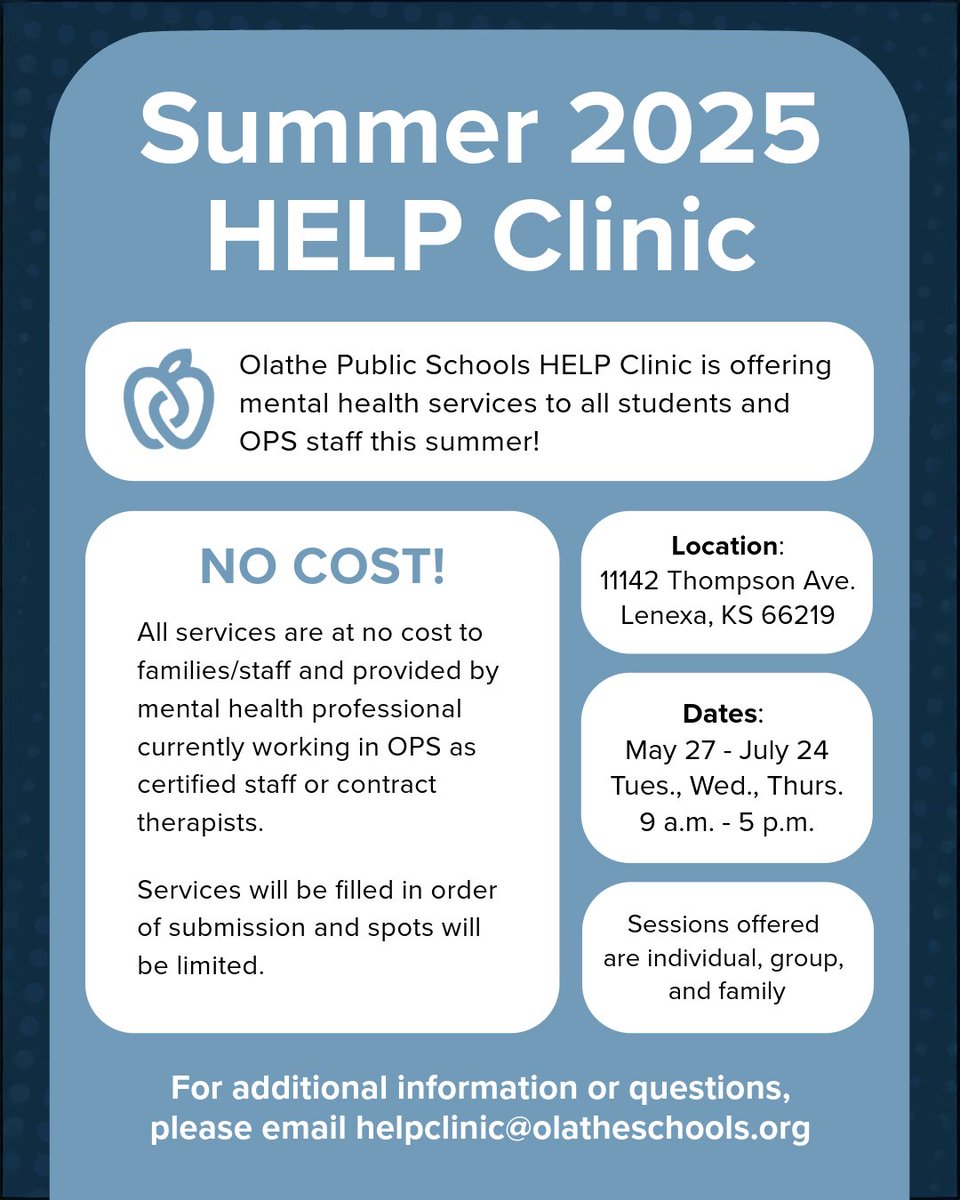 📢 This summer, the Olathe Public Schools HELP Clinic is once again offering free individual and small group mental health services led by Olathe staff and trusted community partners for students and staff. Registration is required &amp; spots are limited. Don’t wait, sign up today: