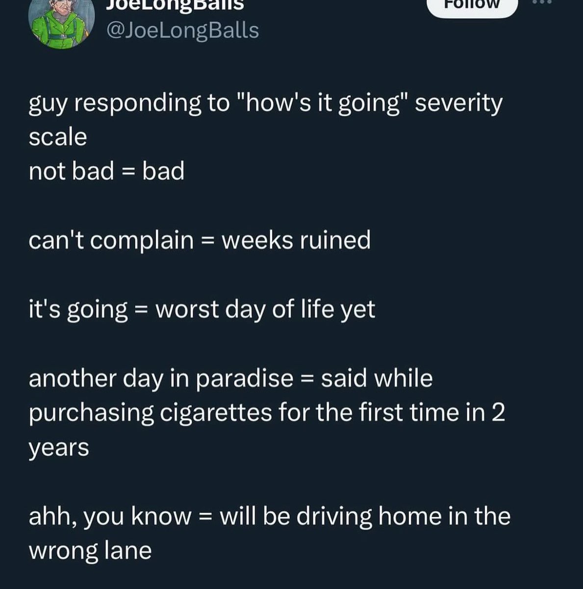 Add “surviving” and this is so accurate