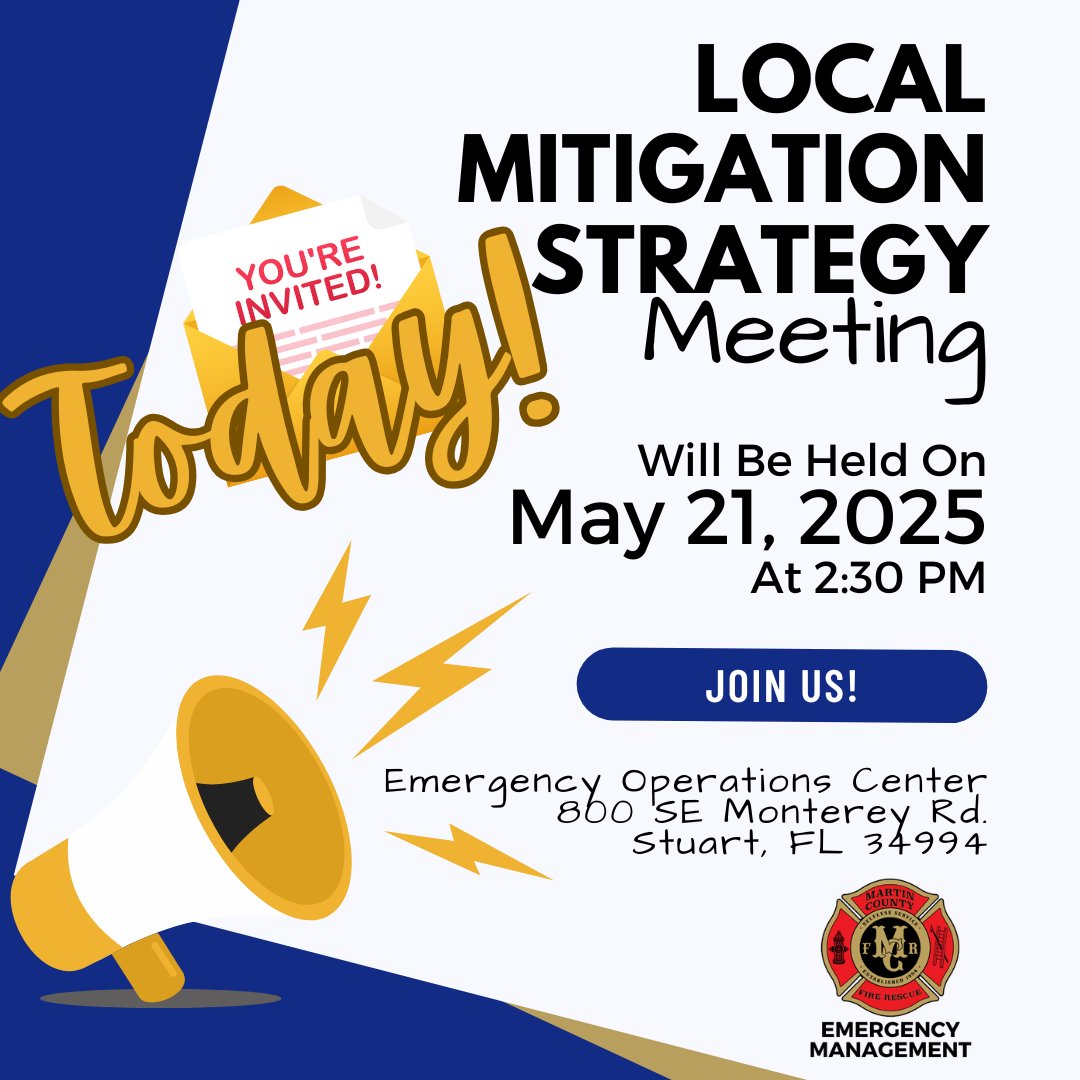 It's today! Come to our Local Mitigation Strategy Committee Meeting at 2:30 pm at 800 SE Monterey Rd. Join us! :) #Mitigation #MartinReady