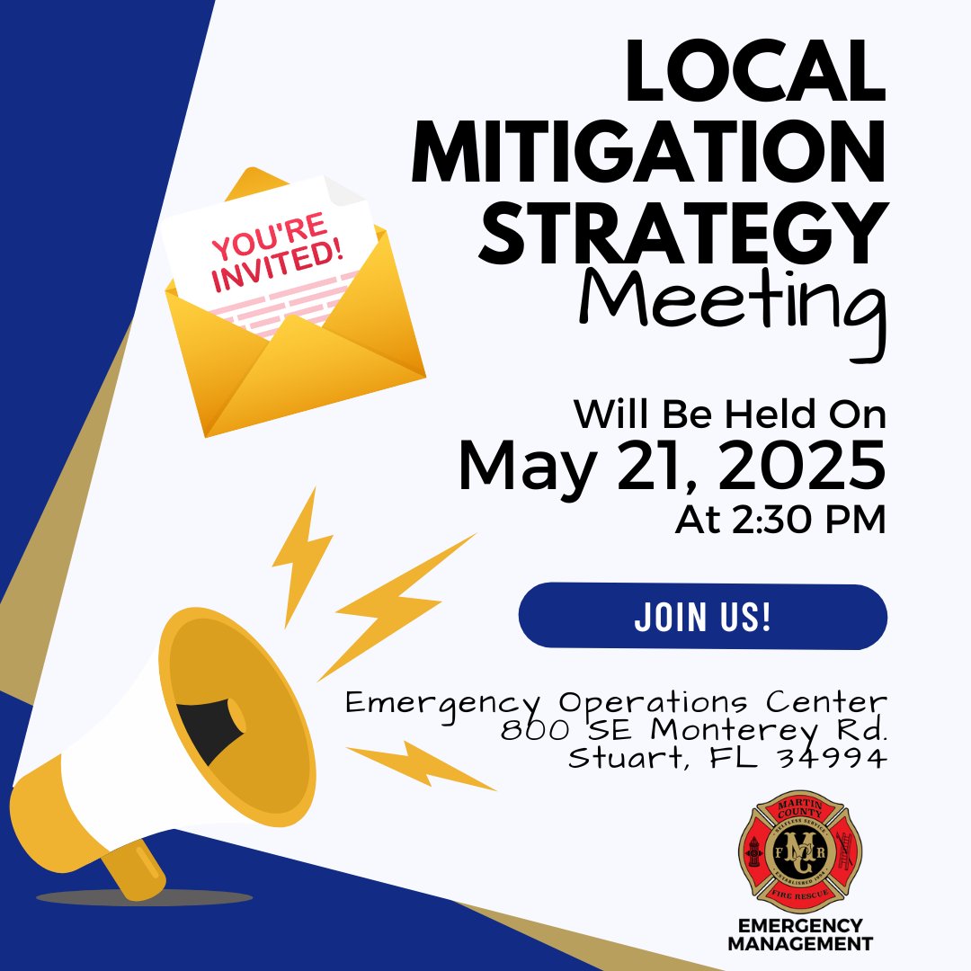You're invited to our Local Mitigation Strategy Committee Meeting next Wednesday, May 21, at 2:30 pm at 800 SE Monterey Rd. Join us! :) #Mitigation #MartinReady