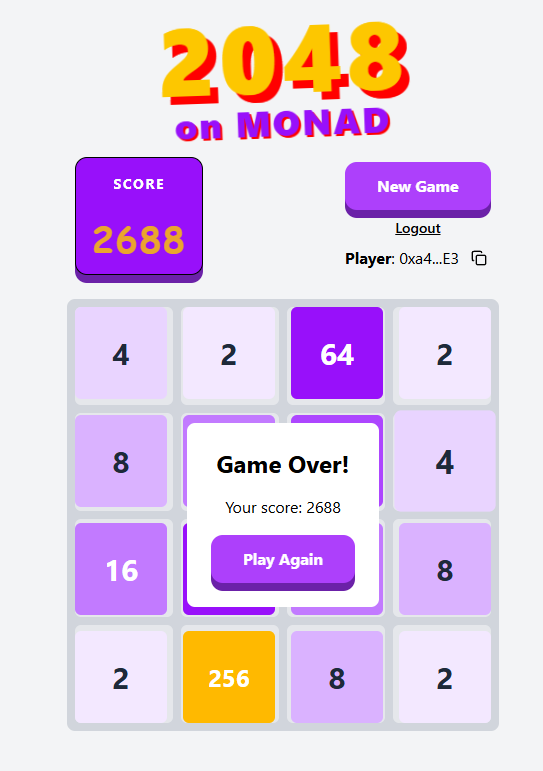 Just finished the 2048 on Monad game 
my score: 2688 🎯
What’s your highest score? 👀
Pro tip: place the big number in the corner 😉
Thanks Monad team!