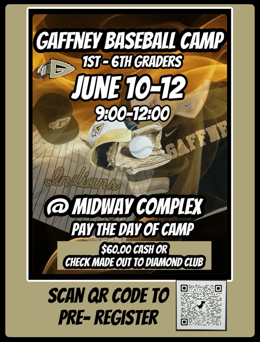 Gaffney Baseball Summer Camp.
June 10-12 
9:00-12:00