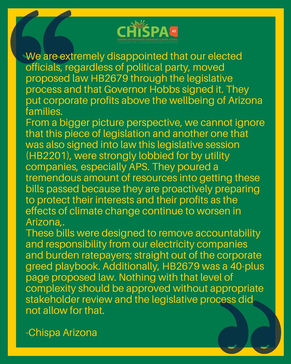 Our statement on the passage of HB2679:
We are extremely disappointed that elected officials and <a href="/GovernorHobbs/">Governor Katie Hobbs</a> prioritized corporate profits over Arizona families. This bill, pushed by <a href="/apsFYI/">APS</a>, protects utility companies and shifts the burden to the people.