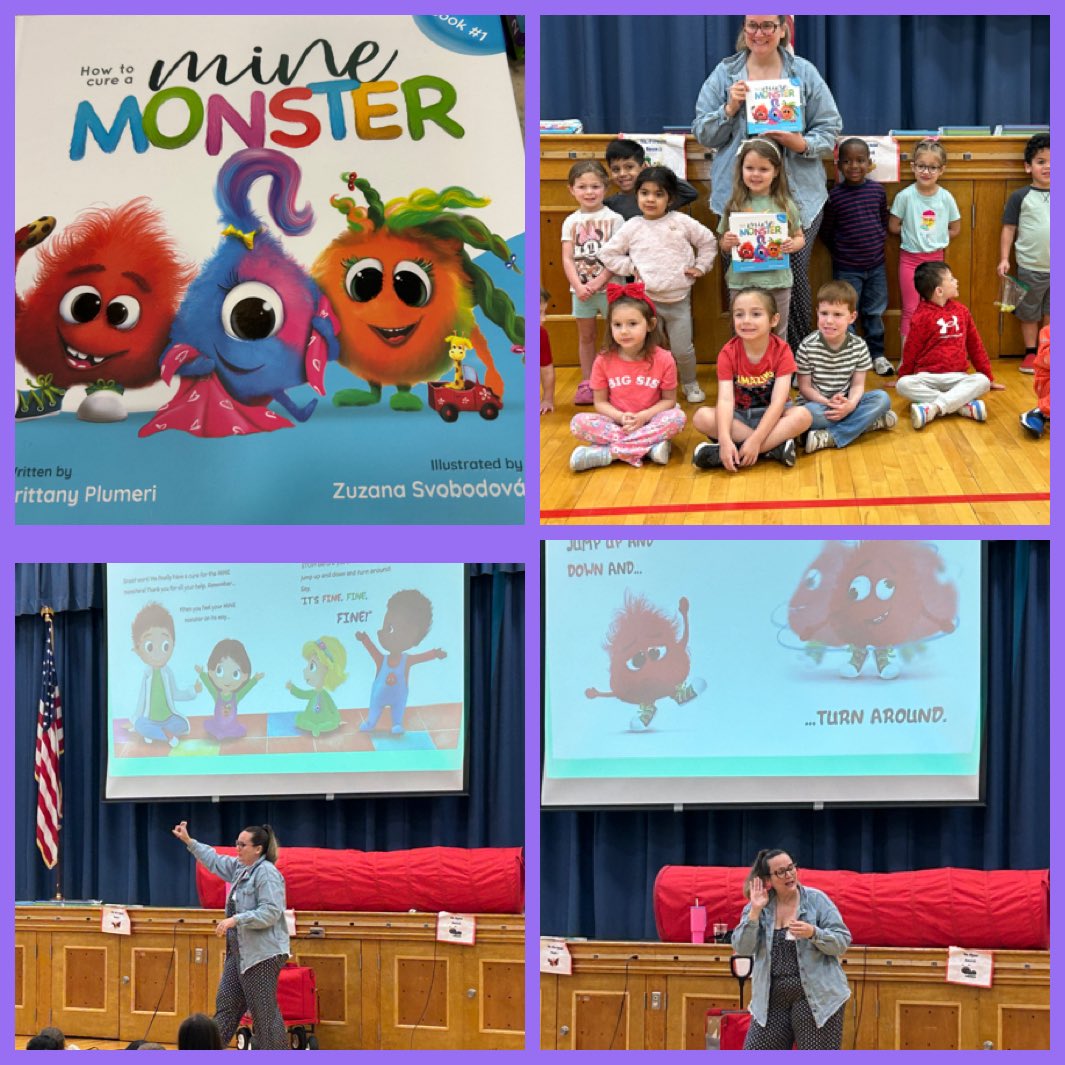 Our young learners were inspired by our guest author today, @bybrittanyplumeri who shared her book, Mine Monster, &amp; reminded us that before we say “it’s mine”-we stop, jump up &amp; down, turn around &amp; ….say “it’s fine,fine,fine.”  Thank you PTO! #HTPScommunityengagement