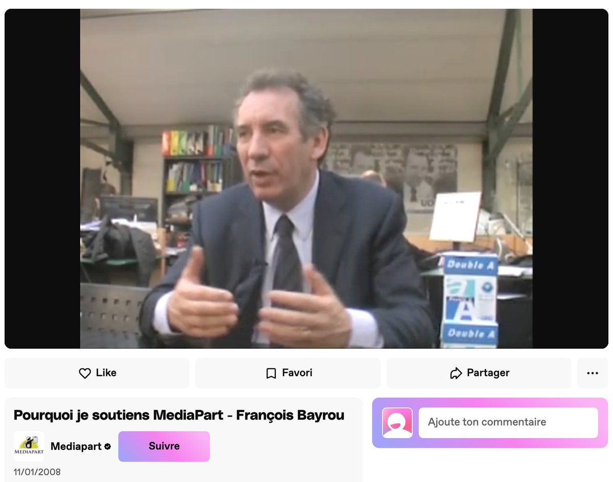 François Bayrou, 14 mai 2025 : "Je ne lis pas Mediapart par hygiène personnelle"

François Bayrou, 11 janvier 2008 : "Pourquoi je soutiens Mediapart" [dai.ly/x40iwa]

Suivez son conseil de 2008, quand il ne craignait pas une presse libre : abonnez-vous à <a href="/Mediapart/">Mediapart</a> 😉