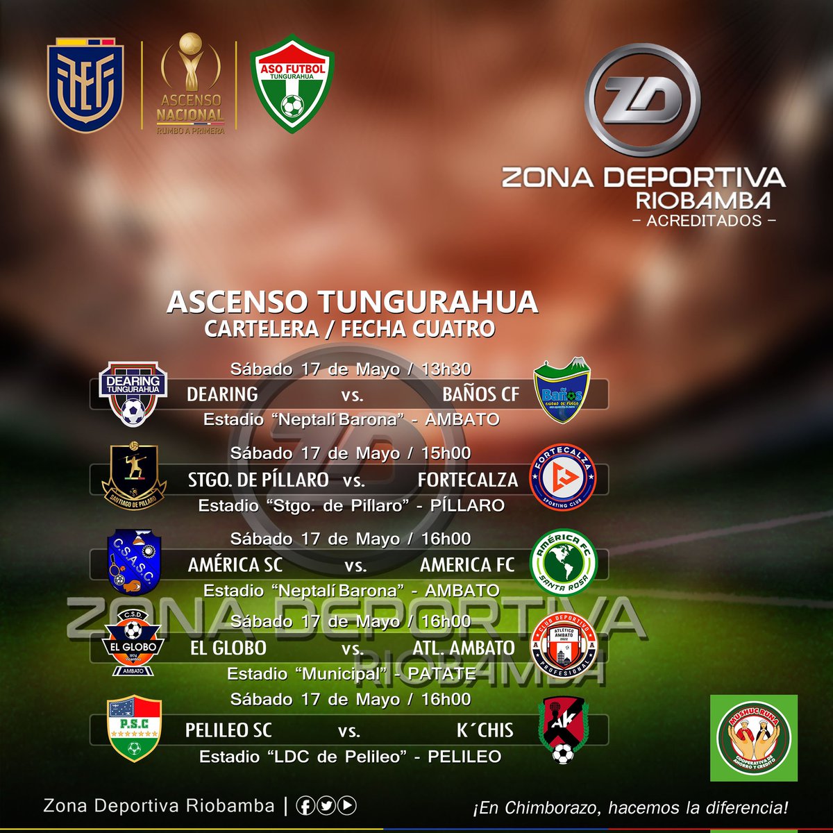 roldan_jimmy's tweet image. #AscensoTUNGURAHUA
¡𝙋𝙍𝙊́𝙓𝙄𝙈𝘼 𝙅𝙊𝙍𝙉𝘼𝘿𝘼¡
#Temporada2025

Así se jugará la #FechaCUATRO del ascenso en #Tungurahua, torneo provincial organizado por la #AFPT.

Gracias a:
@mushucrunacoac
Informa: #JimmyRoldán
Somos: Zona Deportiva Riobamba
¡Hacemos la diferencia!