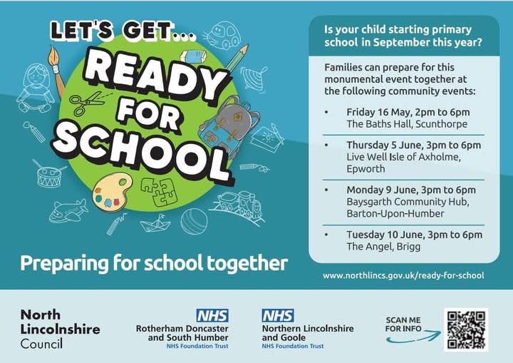 The first in the series of Let's Get Ready for School events is happening Friday 16 May from 2pm at The Baths Hall in Scunthorpe.

Visit northlincs.gov.uk/ready-for-scho… to find out more.

#getreadyforschool #primaryschool #northlincolnshire