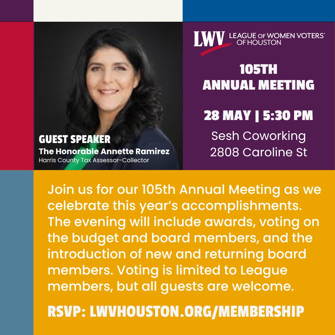 Join us for LWV Houston’s Annual Meeting! Celebrate our impact, vote on the budget, and welcome new board members. 🗳️ Awards, updates &amp; more!

🗓️ Members can vote, guests welcome!
RSVP: lwvhouston.org/membership

#lwvhouston #houstonvoter
