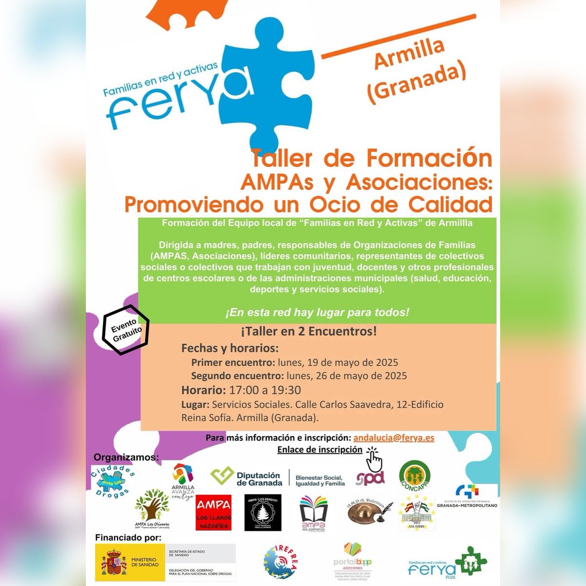 Concapa (@concapa_es) on Twitter photo 📢 Taller <a href="/FeryaPlus/">Ferya_Plus</a> en Armilla (Granada)
🗓 Fechas:
Lunes 19 de mayo de 2025 (Primer encuentro)
Lunes 26 de mayo de 2025 (Segundo encuentro)
⏰ 17:00 - 19:30 h
📍 Servicios Sociales (c/ Carlos Saavedra, 12, Edif Reina Sofía, Armilla, Granada).
🔗forms.gle/fWEqPofaH7H9XT… 📢 Taller <a href="/FeryaPlus/">Ferya_Plus</a> en Armilla (Granada)
🗓 Fechas:
Lunes 19 de mayo de 2025 (Primer encuentro)
Lunes 26 de mayo de 2025 (Segundo encuentro)
⏰ 17:00 - 19:30 h
📍 Servicios Sociales (c/ Carlos Saavedra, 12, Edif Reina Sofía, Armilla, Granada).
🔗forms.gle/fWEqPofaH7H9XT…