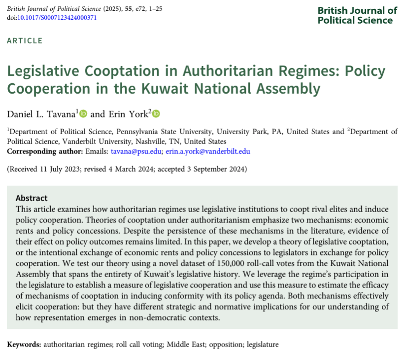 Daniel L. Tavana (@danieltavana) on Twitter photo Our article on legislative cooptation and opposition in the Kuwait National Assembly is finally out at <a href="/BJPolS/">British Jnl Poli Sci</a>! Check out the quoted thread for a discussion of our key findings. Link: doi.org/10.1017/S00071… Our article on legislative cooptation and opposition in the Kuwait National Assembly is finally out at <a href="/BJPolS/">British Jnl Poli Sci</a>! Check out the quoted thread for a discussion of our key findings. Link: doi.org/10.1017/S00071…