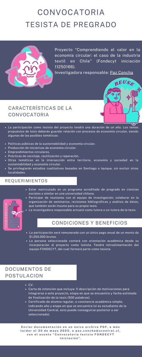 Dr Paz Concha (@pazc) on Twitter photo BUSCO TESISTA DE MAGÍSTER O PREGRADO en las Ciencias Sociales para sumar a mi proyecto Fondecyt "Comprendiendo el valor en la economía circular: el caso de la industria textil en Chile". Existe incentivo económico, detalles aquí 👇 Favor difundir <a href="/EsocUcen/">Centro de Investigación en Economía y Sociedad</a> <a href="/CentroCOES/">COES</a> #fondecyt BUSCO TESISTA DE MAGÍSTER O PREGRADO en las Ciencias Sociales para sumar a mi proyecto Fondecyt "Comprendiendo el valor en la economía circular: el caso de la industria textil en Chile". Existe incentivo económico, detalles aquí 👇 Favor difundir <a href="/EsocUcen/">Centro de Investigación en Economía y Sociedad</a> <a href="/CentroCOES/">COES</a> #fondecyt
