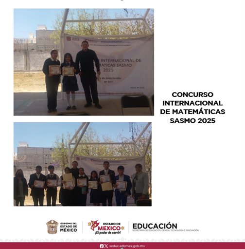 DBT_Edomex's tweet photo. El CBT Dr. Eduardo Suárez A., Texcoco fue sede del Concurso Internacional de Matemáticas SASMO 2025 donde nuestros estudiantes obtuvieron los primeros lugares.  
¡Enhorabuena! 
#OrgulloDBT https://t.co/umtWcOrbOd