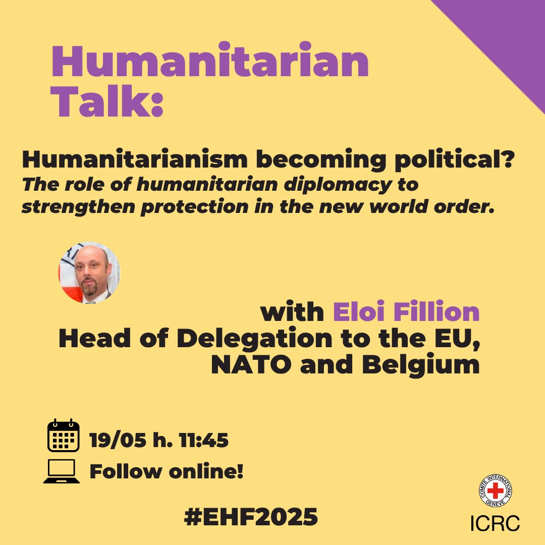 Humanitarian diplomacy is essential for navigating complex political and security landscapes. It's not a compromise of principles, but a means to uphold them and ensure protection and access for affected populations.

<a href="/EFillionICRC/">Eloi Fillion</a> will present the <a href="/ICRC/">ICRC</a> approach at #EHF2025 
👇