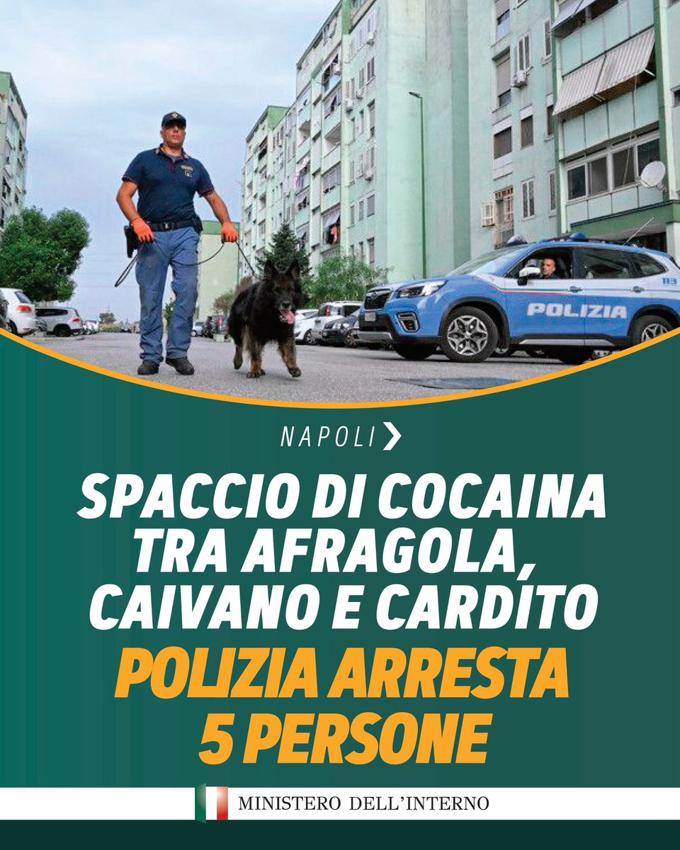 Il Viminale (@viminale) on Twitter photo Sono cinque i membri di un’organizzazione criminale attiva nello spaccio di cocaina arrestati dalla <a href="/poliziadistato/">Polizia di Stato</a> nei comuni di Afragola, Cardito e Caivano, in provincia di Napoli. Un’azione che si inserisce in una più ampia strategia delle Forze dell’ordine per ripristinare Sono cinque i membri di un’organizzazione criminale attiva nello spaccio di cocaina arrestati dalla <a href="/poliziadistato/">Polizia di Stato</a> nei comuni di Afragola, Cardito e Caivano, in provincia di Napoli. Un’azione che si inserisce in una più ampia strategia delle Forze dell’ordine per ripristinare