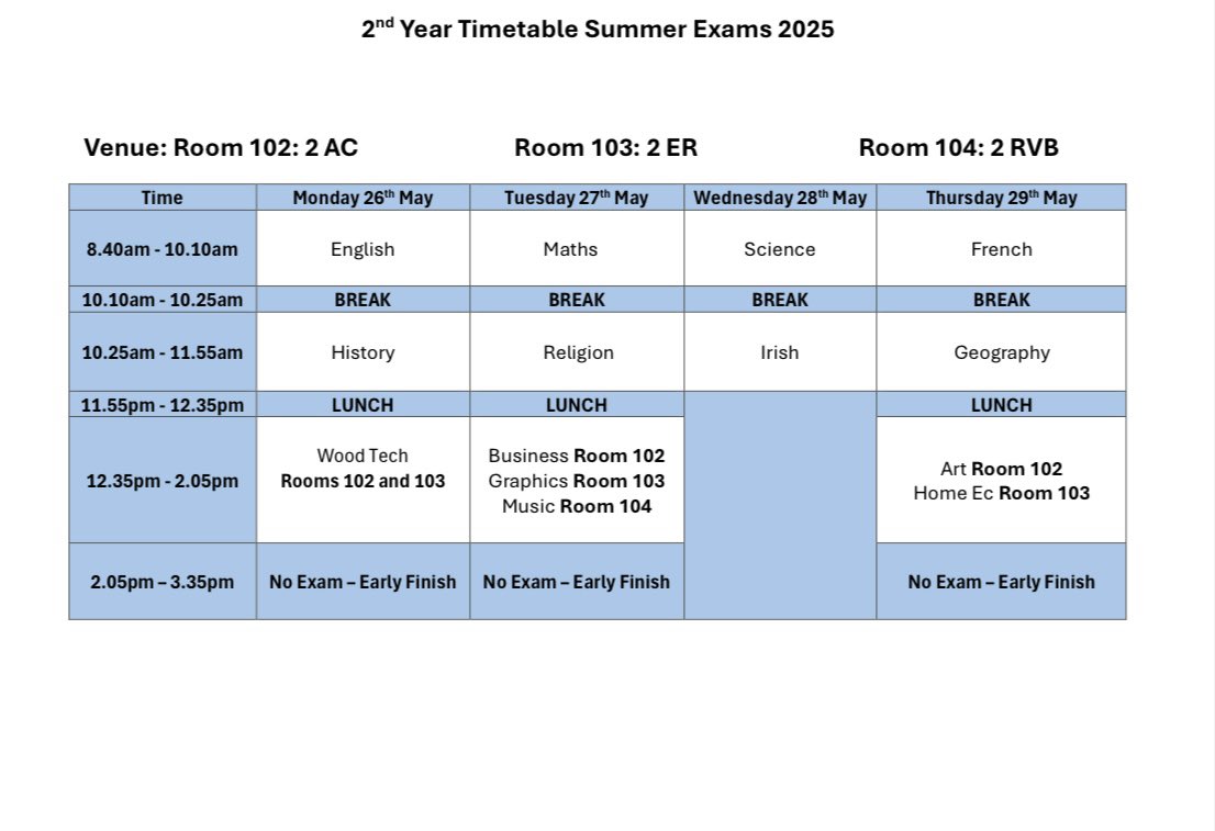 2nd year summer exam timetable☀️📑

2nd year students will finish early each day.
Please note that there may be earlier finishes depending on subject option choices. 
Please use this additional time for study at home in advance of the next day’s exams📚📖