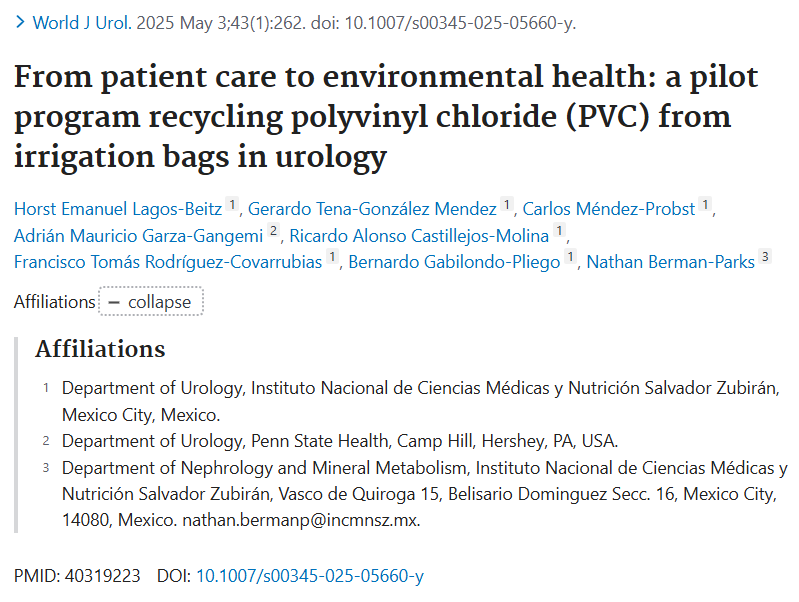 Estudio que evalua la viabilidad de un programa de reciclaje de PVC para residuos urológicos. Participación del <a href="/incmnszmx/">INCMNSZ</a>  Horst Emanuel Lagos Beitz y cols.