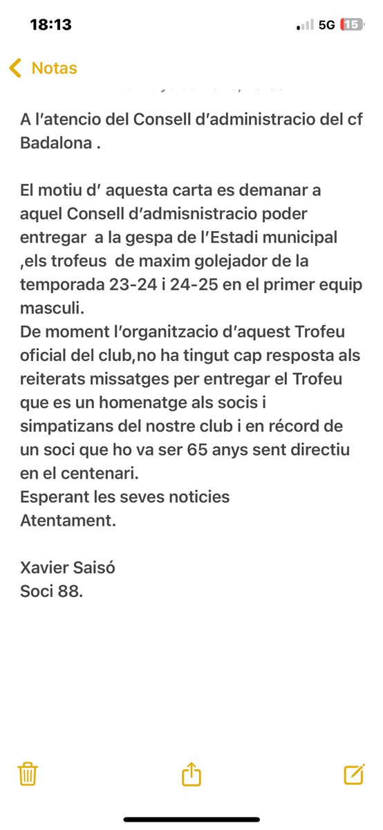 SAISO1's tweet photo. Aquesta tarda hi entregat aquesta carta en persona al Consell d’administracio del @cfbadalonasad per tornar a demanar entregar el Trofeu a l ‘estadi @AjBadalona https://t.co/oAkFmMehCS