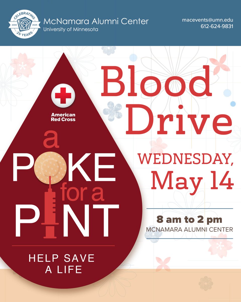 University of Minnesota (@umnews) on Twitter photo The McNamara Alumni Center is celebrating 25 years! To honor this milestone, theyโre hosting a blood drive with the American Red Cross (<a href="/RedCross/">American Red Cross</a>) today to give back to the community. Their goal is to collect 65 pints, and timeslots are filling up fast! Can we count on you to The McNamara Alumni Center is celebrating 25 years! To honor this milestone, theyโre hosting a blood drive with the American Red Cross (<a href="/RedCross/">American Red Cross</a>) today to give back to the community. Their goal is to collect 65 pints, and timeslots are filling up fast! Can we count on you to