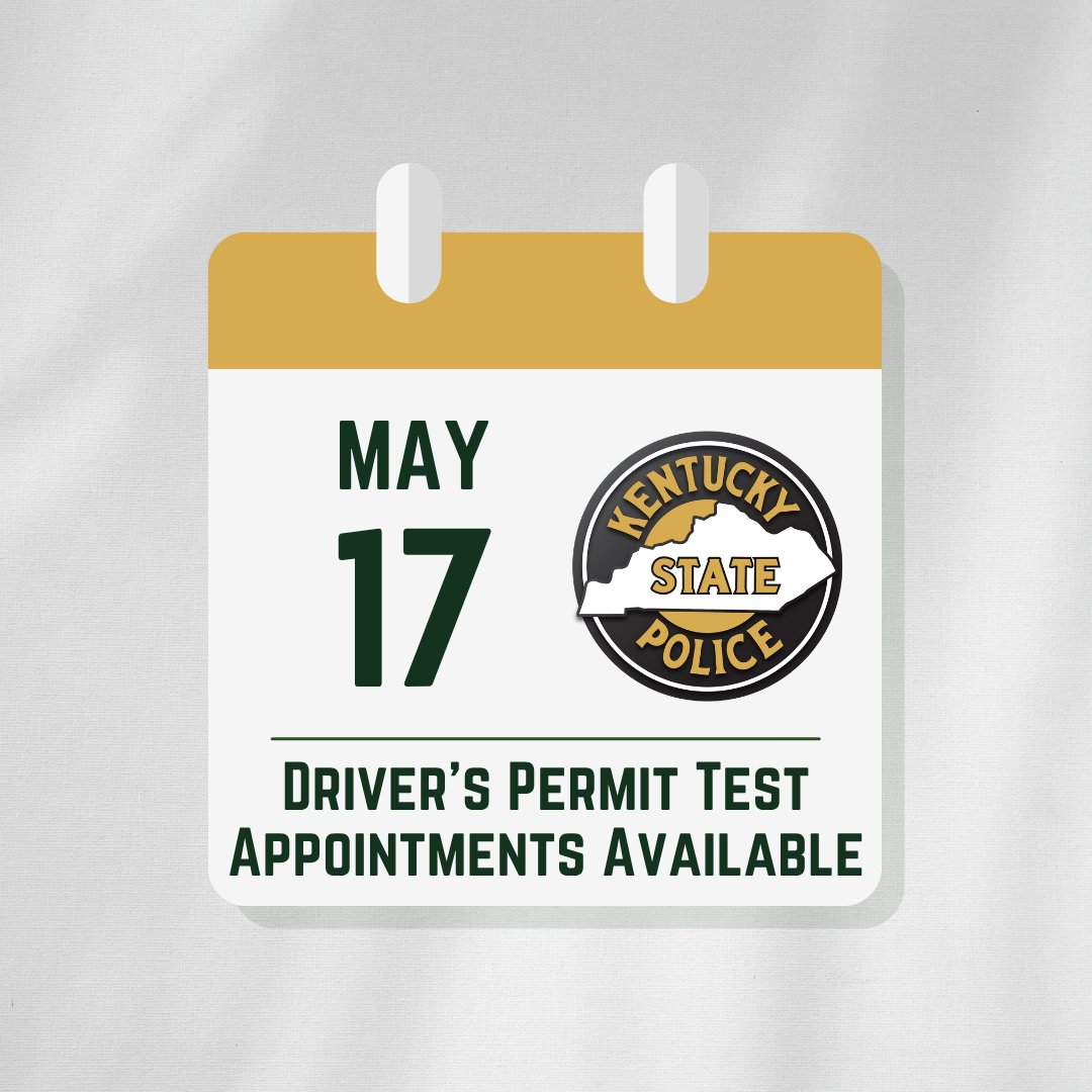 📅 May 17 Driver's Permit Testing Appointments Still Available! 📅

Current availability at these locations:
Catlettsburg
Independence
Jackson
Mayfield
Maysville
Pikeville
Prestonsburg

This is OPEN TO ALL CITIZENS OF ALL AGES.

🔗 Sign up: telegov.egov.com/KSP
<a href="/drivekygov/">KYTC Drive</a>