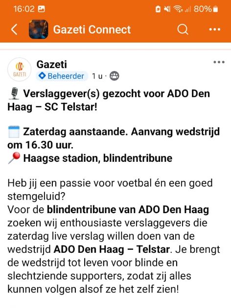 TreurRene's tweet photo. Ik kreeg de vraag zaterdag in te vallen maar kan niet! Wie wil en kan Ado en hun blinde supporters uit de brand helpen? 

#blindentribune https://t.co/KzPxd74Fcs