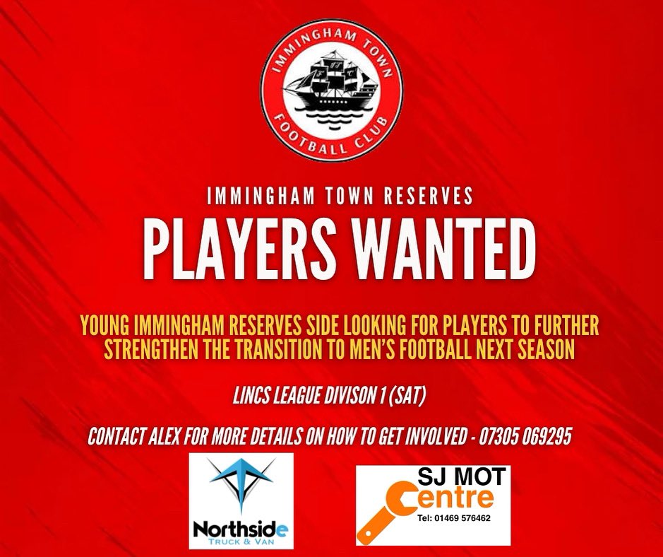 🚨 | PLAYERS WANTED - Immingham Town Reserves

Our Young Immingham Reserves side are looking for players to further strengthen the transition to men’s football next season, with our U17’s league winners for 24/25 heading for men’s football. 

#UTP | #ImminghamTown 🔴⚪️