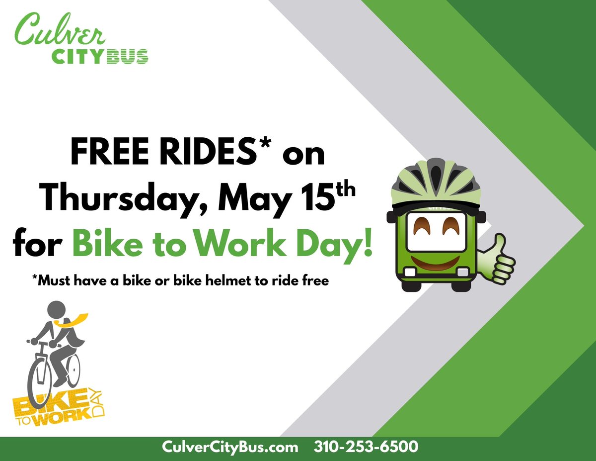 Tomorrow is Bike to Work Day!

Reminder to stop by any one of our three Pit Stops TOMORROW and ride F-R-E-E on Culver CityBus with your bike, folding bike or helmet on board.

More info &amp; biking tips: culvercitybus.com/Rider-Informat…