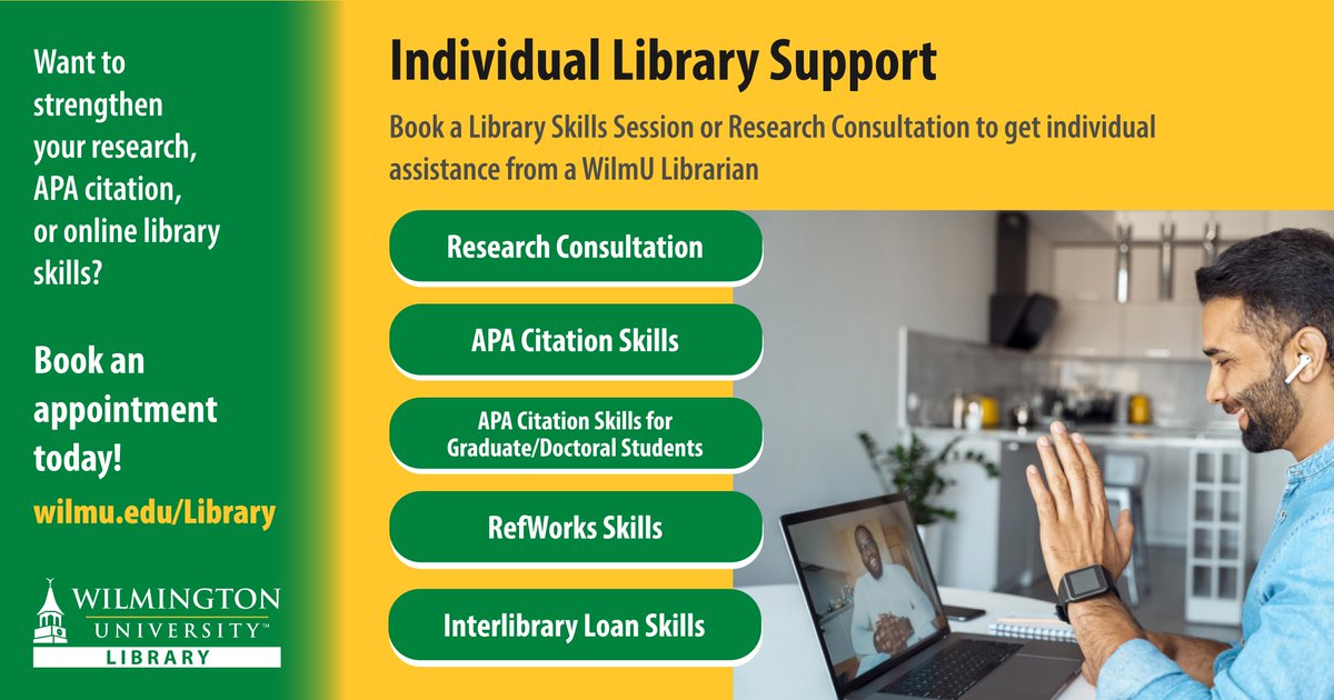 Boost your research skills with a free, personalized Library Skills Session at the #WilmU Library 📚 Get expert help with APA citations, RefWorks, Interlibrary Loan and more. Schedule your session today! ➡️ wilmu.edu/Library