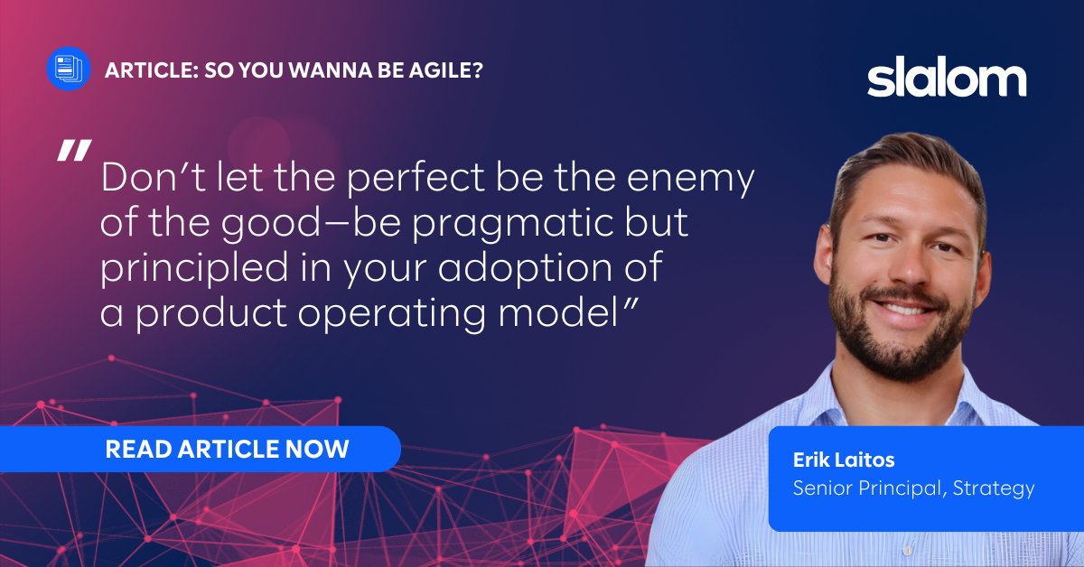 #Agile sounds great—faster time to value, the reality is quite different; budget constraints, #risks and regulations and legacy systems. Read Erik Laitos' latest piece and learn how to embrace pragmatism in your adoption of a product operating model:  bit.ly/4meamuk